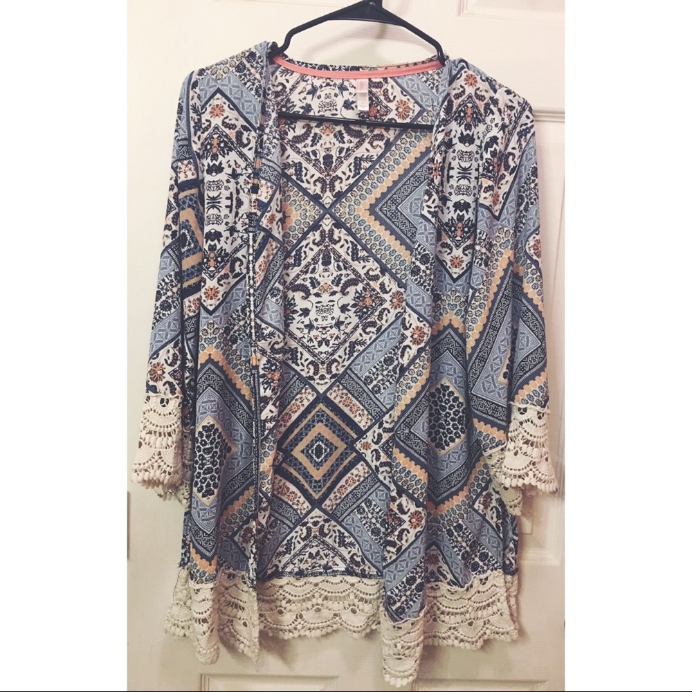 Coral and Blue Crochet Kimono
